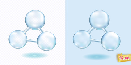 Vector illustration showing reflective molecule model on transparent and blue backgrounds. Ideal for presentations on chemistry, science and molecular biology.のイラスト素材