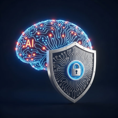 A glowing, circuit-board-like AI brain is shielded by a metallic emblem featuring a lock icon, symbolizing data protection and cybersecurity.の写真素材