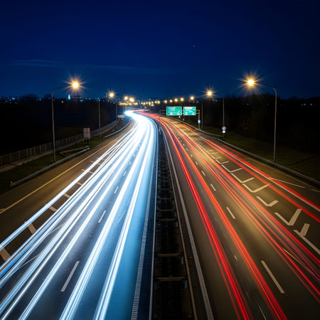 Streaks of light from moving vehicles create a dynamic abstract pattern on a dark highway during a...