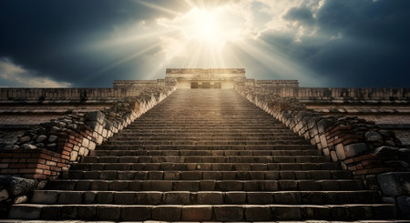 A grand stone pyramid with steep steps leads upwards towards a brilliant sun breaking through...