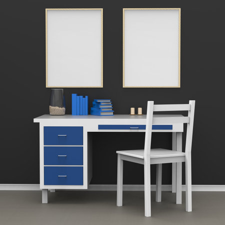 Modern home decor mock-up. Posters above table. 3d illutration.