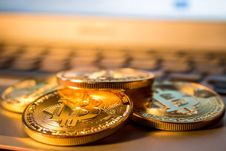 Photo Golden Bitcoins On laptop. Trading Concept Of Crypto Currency