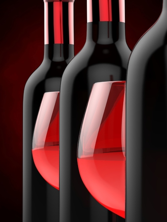 Bottles and glasses with red wine on a red background. 3d illustration.の写真素材