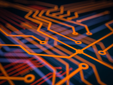 Circuit board futuristic server code processing. Orange, green, blue technology background with...