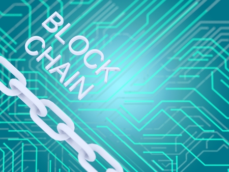 Block chain text and electrical circuit and chain on blue background. 3D illustrationn.の写真素材