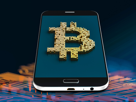 Closeup concept of small cubes in a random layout that build up to form the bitcoin symbol on a generic smartphone. 3D render.の写真素材