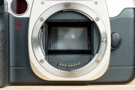 SLR film camera body, metal bayonet lens mount closeupの写真素材
