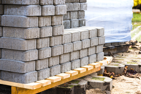 Concrete blocks prepared for the paving of a streetの写真素材