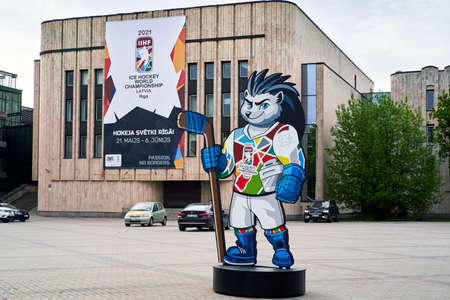 Riga, Latvia May 19, 2021 Spiky the Hedgehog The official mascot of the 2021 IIHF Ice Hockey World Championshipのeditorial素材