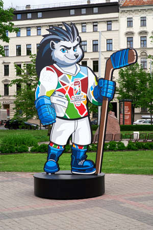 Riga, Latvia May 21, 2021 Spiky the Hedgehog The official mascot of the 2021 IIHF Ice Hockey World Championshipのeditorial素材