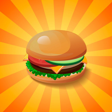 Hamburger vector concept. Design element for cafe and restaurant menu illustration, fast food poster or for logotype. 3d cartoon design of food. Diet and unhealthy eating habits illustration.のイラスト素材