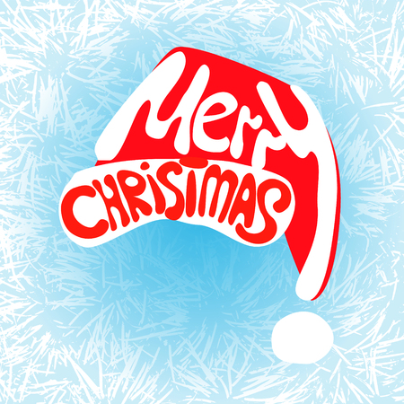 Santa Clause hat with Merry Christmas lettering on the textured background. Holiday typographic poster with nested message.のイラスト素材