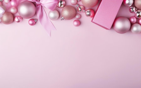 Doll style Christmas cold pink background with matte decorations and ribbons at the top. Overhead compositionの素材