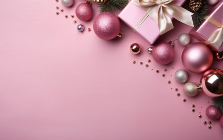 Toned pink and violet new year background with bulbs and gift boxes, diagonal composition, top viewの素材