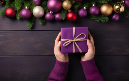 Christmas hands in purple sweater holding a purple gift on a wooden surface with tree benches and tree bubbles.の素材