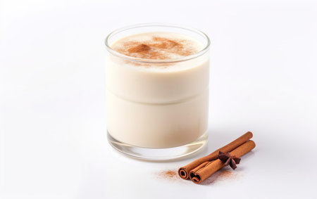 Old fashioned glass of homemade eggnog with cinnamon isolated on a white backgroundの素材