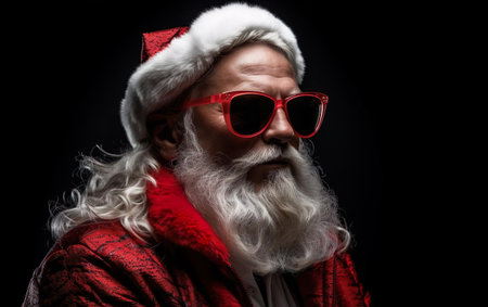 Meme Santa clause surfer wearing sunglasses on black background. three quarters view. AI Generativeの素材