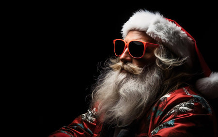 Cool Santa clause in a surfer style shirt wearing sunglasses on black background. AI Generativeの素材