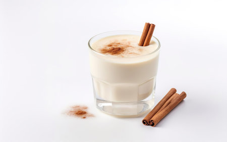 Rocks glass of homemade eggnog with cinnamon isolated on a white backgroundの素材