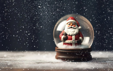 Evening Santa in a snow globe standing on the frozen wooden surface in snowfall. Image with copy space at the left and dark background, de focus.の素材