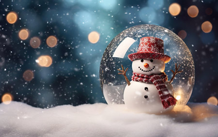 Evening snowman wearing a scarf and a red hat in a snow globe standing on the snow. Image with copy space and bokeh, de focus.の素材