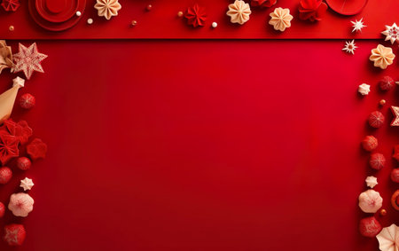 Spring Festival Poster. Banner template with hanging lanterns. Chinese New Year decorations on bright red background, copy space, flatlay, top view.の素材