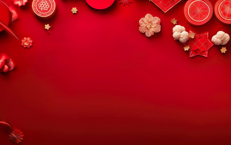 Spring Festival Poster. Banner template. Chinese New Year decorations on bright red background, copy space, flatlay, top view.の素材