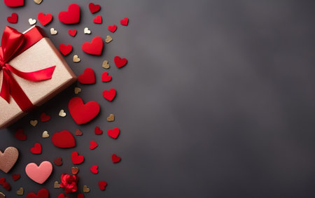 Background banner with gift box, scattered little felt red hearts. Copy space at the right, flat lay, top view, over the shoulder. Valentines day, engagement or wedding party poster. AI Generativeの素材