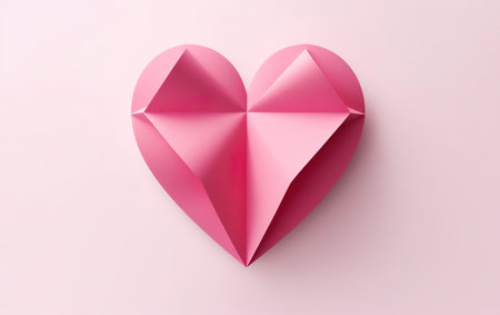 Big pink origami heart isolated on pink background. Adorable paper object. Valentines day, engagement or wedding party poster. AI Generativeの素材