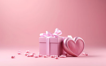 Pink background banner with a gift box and a pink heart decoration surrounded by little hearts. Copy space at the left. Valentines day, engagement or wedding party poster. AI Generativeの素材
