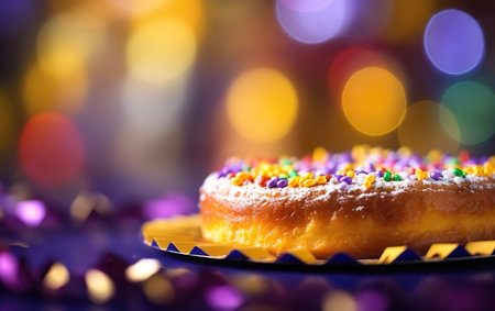 Happy Mardi Gras poster. Ein Hefekuchen, a bright colourful dessert on blurred purple background. Decorated round cake on the plate, party food. Sugar powder frosting. Bokeh, de focus. AI Generativeの素材