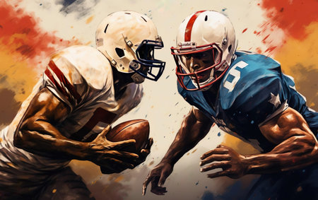 Super bowl graphic poster. American sports banner, two football players in blue and white sport uniform fighting for a rugby ball with at the yellow and red background. Motion, speed. AI Generativeの素材