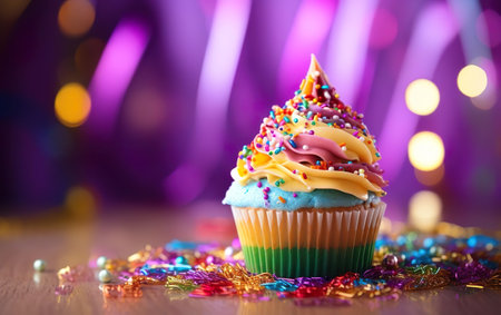 Happy Mardi Gras poster. A bright colourful dessert on blurred purple background. Decorated cupcake on the wooden table surface, party food. Bokeh, de focus. AI Generativeの素材