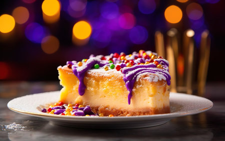 Happy Mardi Gras poster. Ein Hefekuchen, a bright colourful dessert with purple frosting on blurred background. Decorated King cake piece on the plate, party food. Bokeh, de focus. AI Generativeの素材
