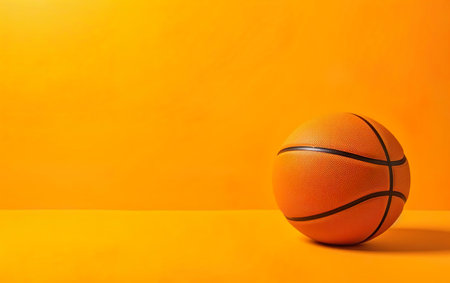 Photorealistic orange basketball ball isolated on warm yellow background, copy space. March madness poster design. Minimalistic banner. Open bright colors. AI Generative.の素材