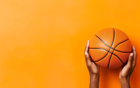 March madness poster. Two hands holding basketball ball. Photorealistic orange basketball ball isolated on warm orange background. Modern minimalistic banner, copy space, flat lay. AI Generative.の素材