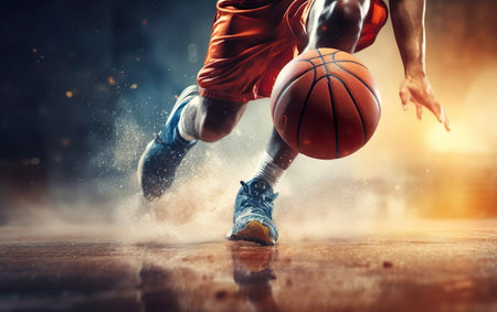 Photorealistic person running after orange basketball ball burning on blurred background. Low angle shot. Fast motion, de focus. March madness poster design. Red fire flames. AI Generative.の素材