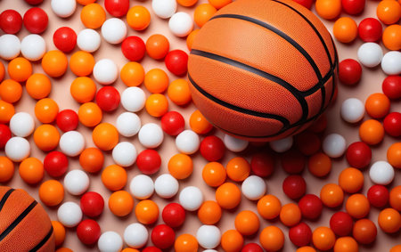 March madness poster. Big orange basketball ball close up with round decorations looking like pills scattered on the floor, flat lay, copy space, over the shoulder. Banner template. AI Generativeの素材