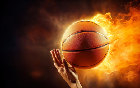Photorealistic hand throwing orange basketball ball burning on black background. Fast dribble motion, goal banner. Sun burst motion rays. March madness poster design. Red fire flames. AI Generative.の素材