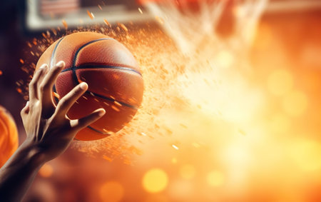 A hand throwing a basketball ball on the blurred basket and basketball court at the background. Fast throwing motion, goal. March madness poster design. Basketball game. AI Generative.の素材