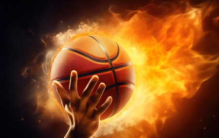 Photorealistic hand touching orange basketball ball burning on black background. Fast dribble motion, goal. March madness poster design. Red fire flames. AI Generative.の素材