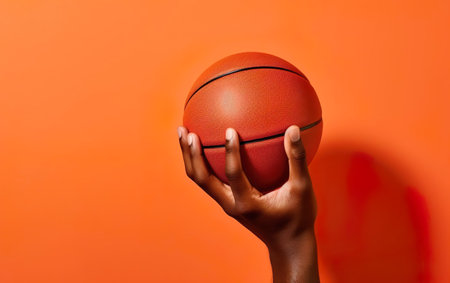 March madness poster. A hand holding a basketball ball. Photorealistic orange basketball ball isolated on warm orange background. Modern minimalistic banner with copy space, flat lay. AI Generative.の素材