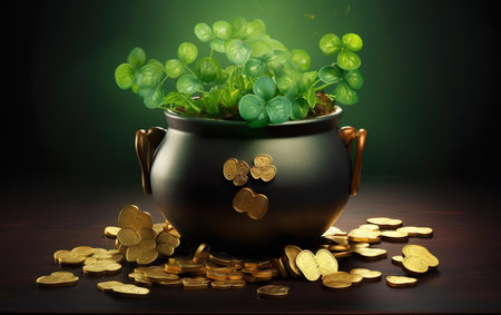 St Patricks Day poster. Pot of gold with green shamrocks. Bunch of golden coins on the wooden table surface, money scattered. Black cauldron with clover leafs. Party poster design. AI Generative.の素材