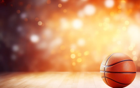 Photorealistic orange basketball ball on the floor of indoor basketball court. Blurred orange background. March madness poster design. Copy space, bokeh, de focus. Open bright colors. AI Generative.の素材