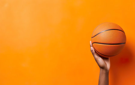 March madness poster. A hand holding basketball ball . Photorealistic orange basketball ball isolated on warm yellow background. Modern minimalistic banner with copy space, flat lay. AI Generative.の素材