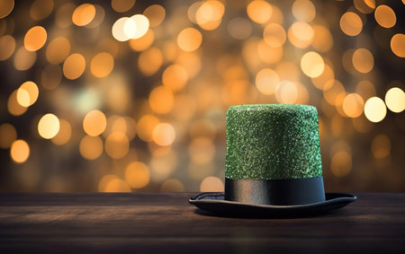 St Patricks Day blurred background. Photorealistic extravagant shiny green top hat on brown wooden surface. Gold bokeh, de focus, warm party light, copy space. Rich money swag banner. AI Generative.の素材