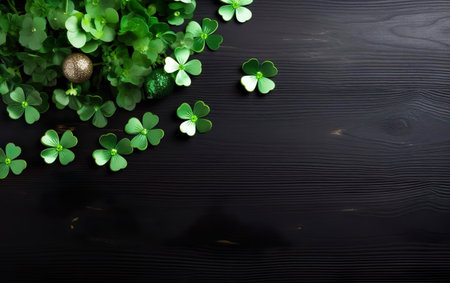 St Patricks Day background with green clover shaped decorations and a golden bead on dark wooden surface. Sale banner template, copy space at the right. Party poster with shamrocks. AI Generative.の素材