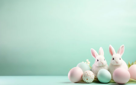 Happy Easter poster. Decorative eggs with two cute white bunnies, pastel colors, copy space, light turquoise background. Spring design for banners, posters, greeting cards, invitations. AI Generativeの素材