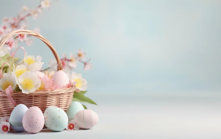 Decorative Easter eggs in a basket with flowers, pastel colors, blurred background. Bokeh, de focus, copy space. Spring design for banners, posters, greeting cards, invitations. AI Generativeの素材