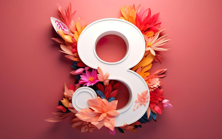 Happy international womens day poster, big white number eight on warm orange pink background decorated with flowers frame, Minimalistic March 8 banner, post card design. AI Generativeの素材